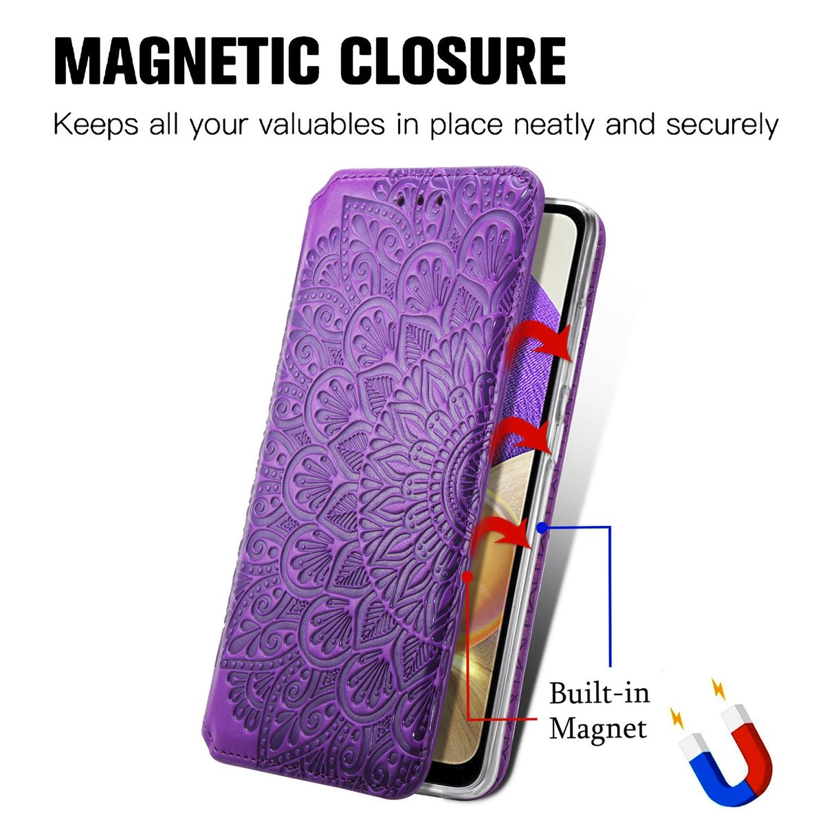 Violette Handyhülle, offen. Die Hülle hat ein Mandala-Design. Die Hülle zeigt einen Magnetverschluss.
