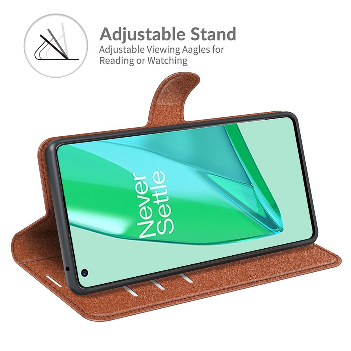 Braune Handyhülle mit Telefon. Verstellbare Standfunktion ist oben links gezeigt.