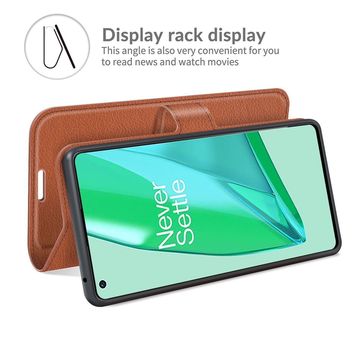 Eine braune Handyhülle, die ein Telefon in einer abgewinkelten Anzeige zeigt. Text: 'Never Settle'.