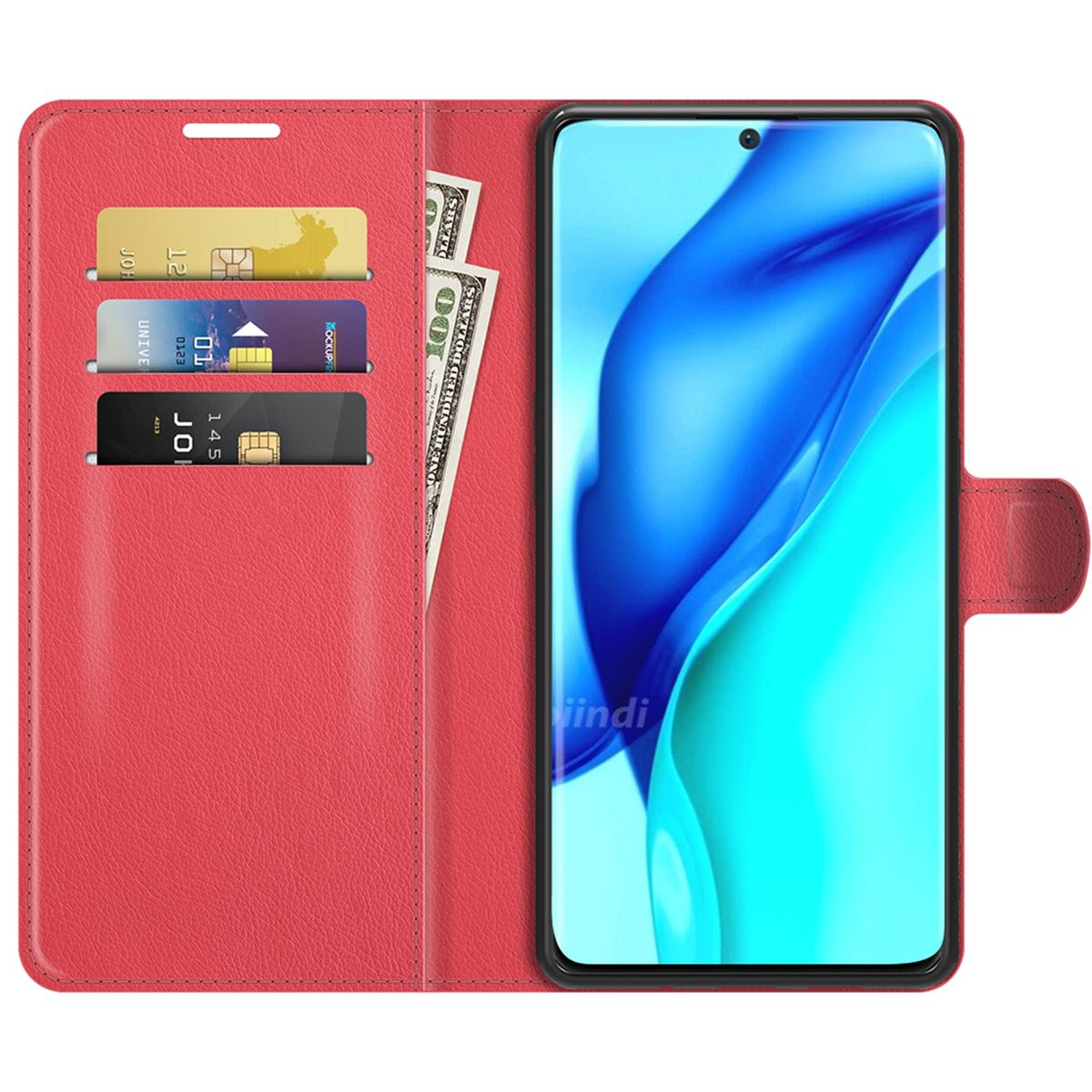 Geöffnete rote Handyhülle mit Kreditkarten, Bargeld und einem Telefon mit blauem Bildschirm.