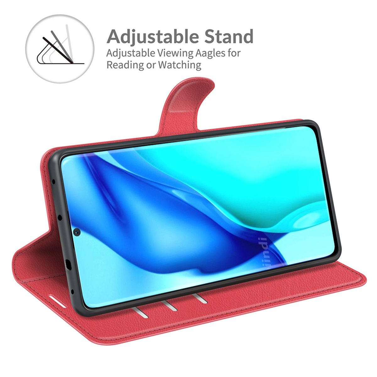 Rote Handyhülle mit Telefon. Verstellbare Ständerfunktion.