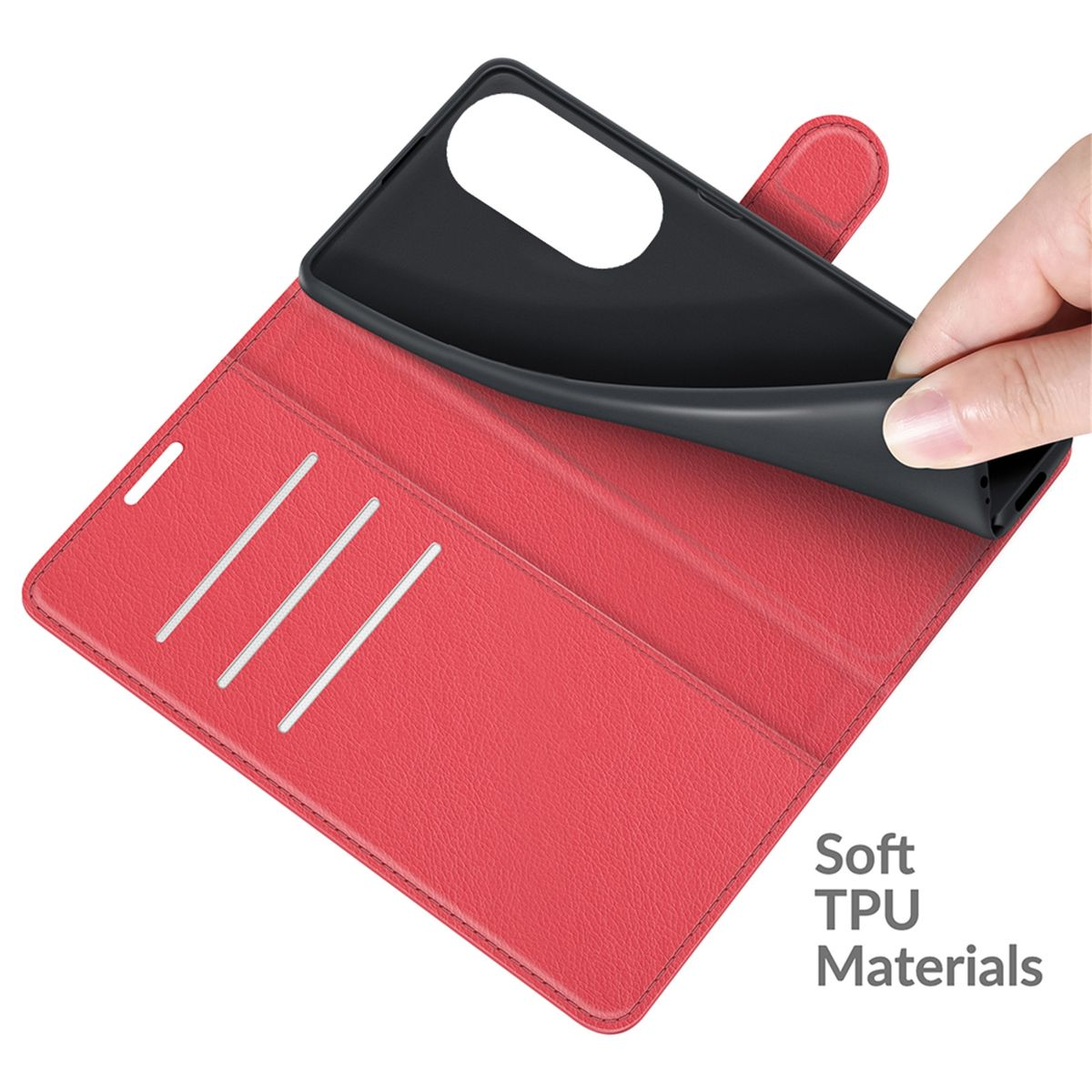 Offene rote Handyhülle, schwarzer Telefoninnenraum, Hand berührt die Hülle. Text: Soft TPU Materials.