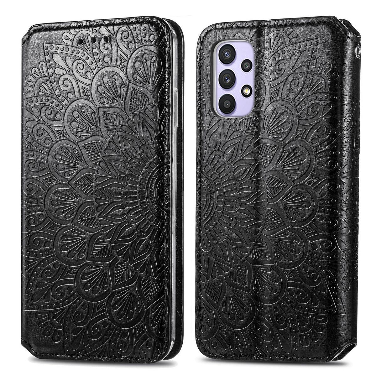 Schwarze Handyhülle mit Mandala-Design. Die Hülle ist offen und gibt das Telefon frei. Die Hülle ist aus Leder.