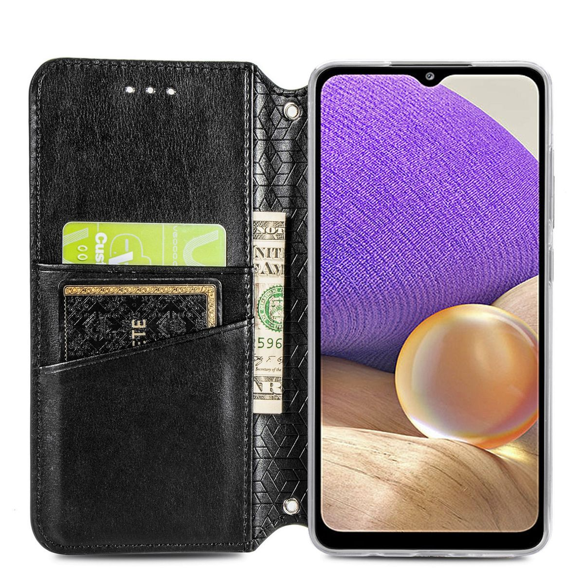 Geöffnete Brieftaschen-Handyhülle mit Karten, Geld und Telefon. Schwarzes Leder mit Blumen.