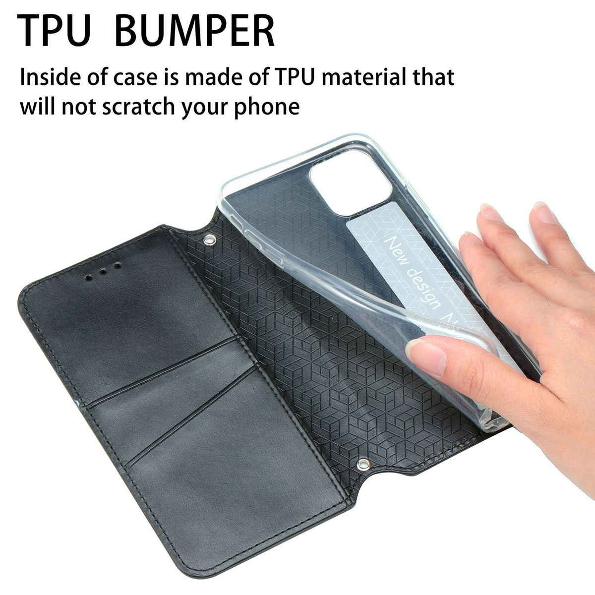 Eine transparente Handyhülle wird in eine schwarze Handyhülle eingesetzt. Text über den TPU-Stoßfänger.