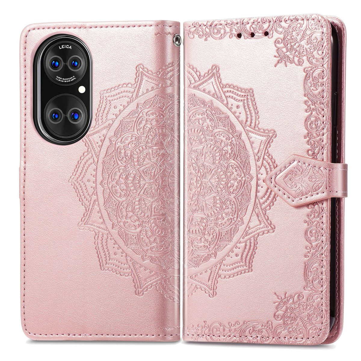 Rosa Handyhülle, mit Mandala-Design auf der Hülle, offen, das Telefon zeigend.
