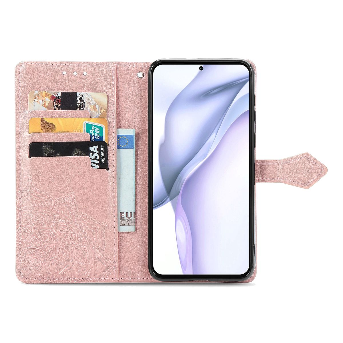 Geöffnete rosa Handyhülle mit Telefon, Kartenfächern und Geld.