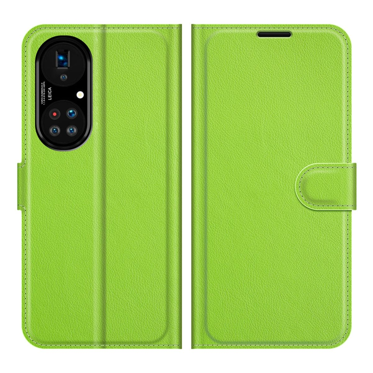 Eine grüne Handyhülle, offen, die das Telefon und die Kamera zeigt. Die Hülle ist aus Leder.
