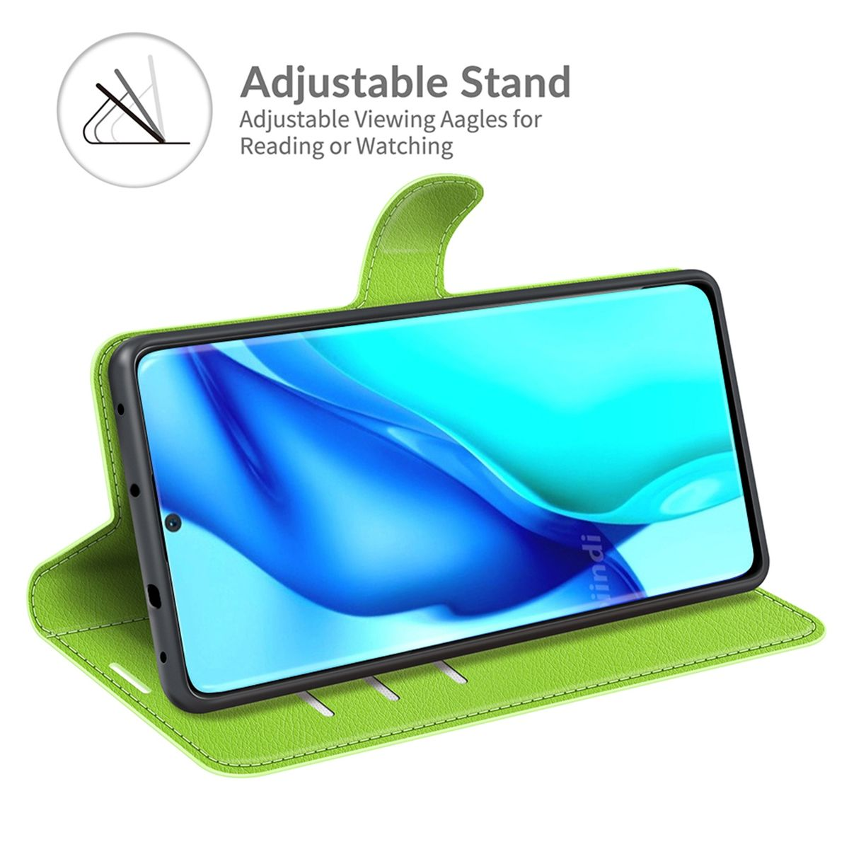 Grüne Handyhülle mit einem Telefon darin, eingerichtet zur Ansicht.