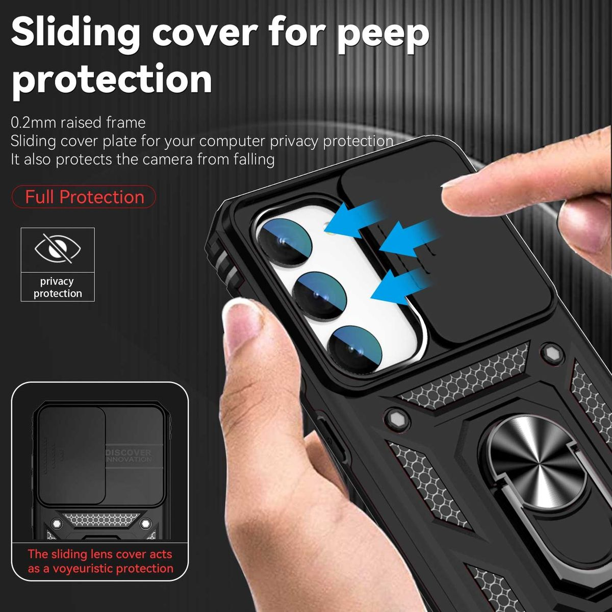 Schwarze Handyhülle mit verschiebbarer Kameraabdeckung. Der Text lautet 'Sliding cover for peep protection'.