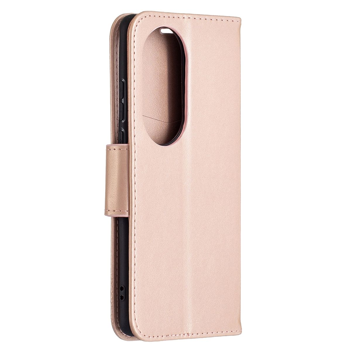 Roségoldene Handyhülle, geschlossen. Hülle hat lederartige Textur und Magnetverschluss. Minimales Design, einfach und sauber.