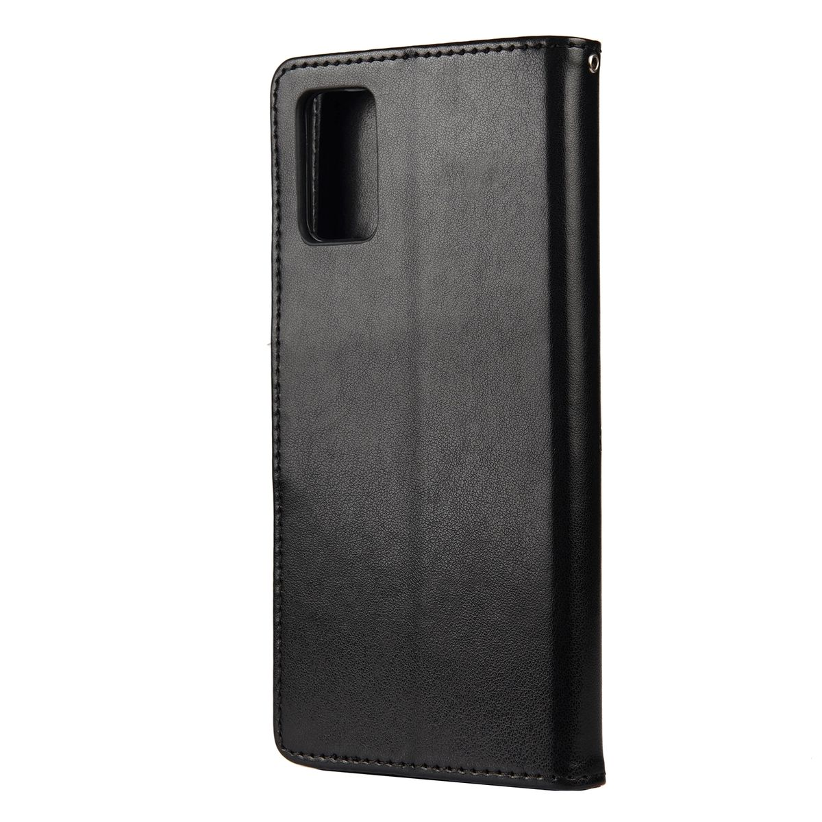 Schwarze Handyhülle, geschlossen, mit rechteckiger Kameraöffnung. Einfaches, elegantes Design.
