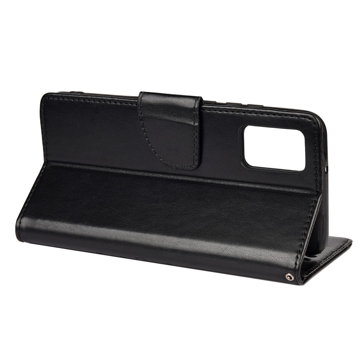 Schwarze Brieftaschen-Handyhülle in geöffneter Position. Es hat einen schwarzen Innenraum und eine Klappe.