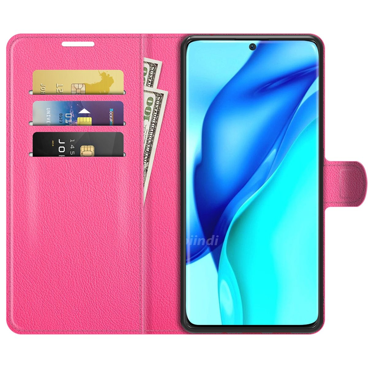 Rosa Handyhülle offen, zeigt Karten, Bargeld und ein Telefon mit blauem Bildschirm.