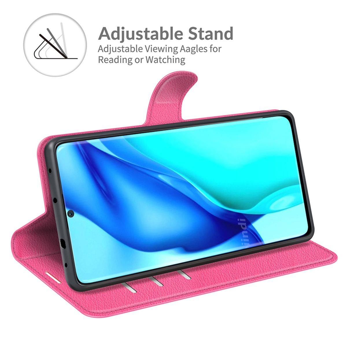 Rosa Handyhülle mit Telefon, Text „Verstellbarer Ständer“ und Diagramm.