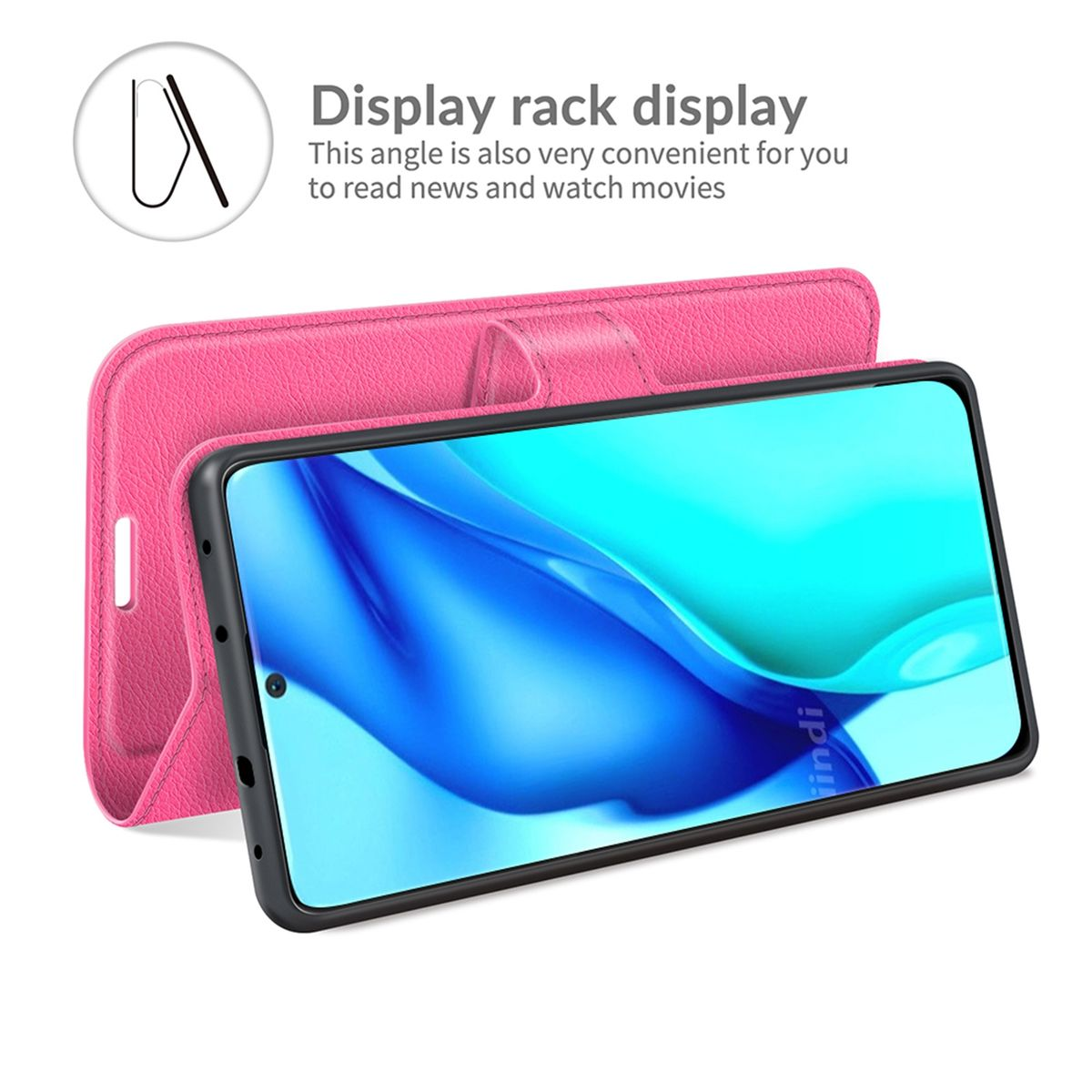 Eine pinkfarbene Handyhülle ist geöffnet und zeigt ein Telefon mit Bildschirm. Der Text lautet 'Display rack display'.