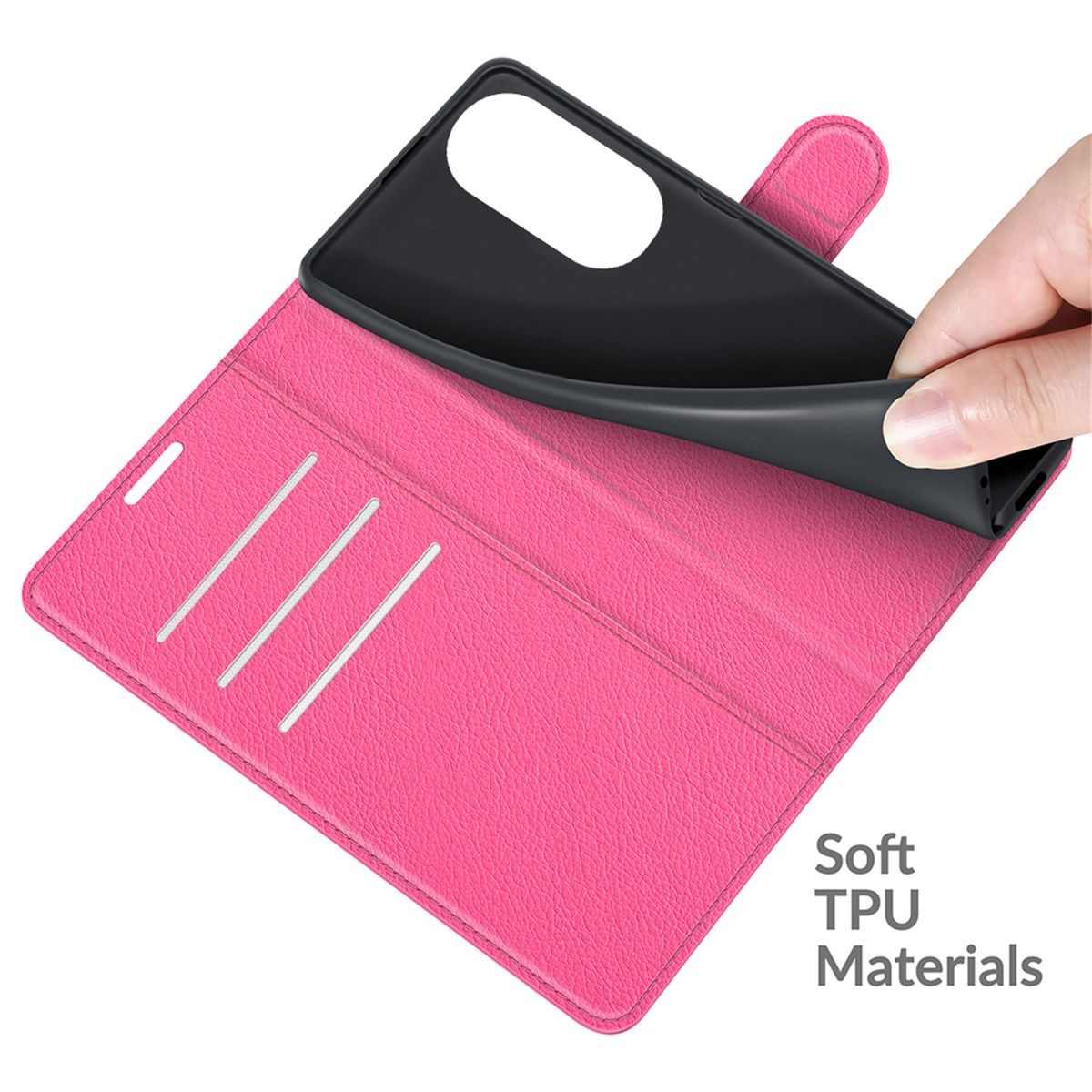 Eine pinke Handyhülle wird geöffnet. Text: 'Soft TPU Materials'.