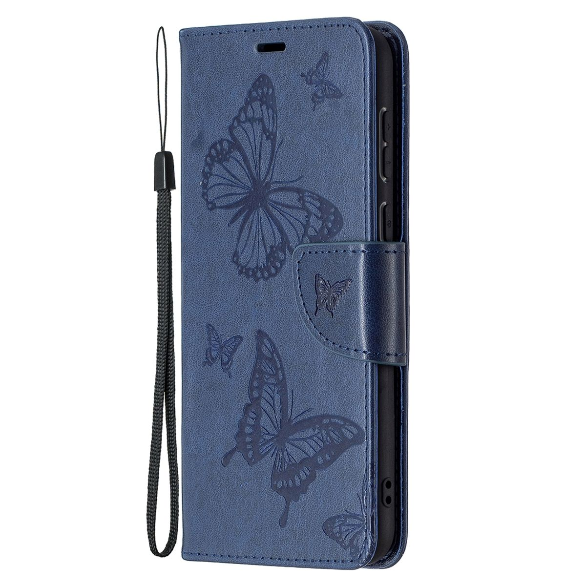 Blaue Handyhülle mit Schmetterlingsdesign, geschlossen mit Riemen und Lanyard.