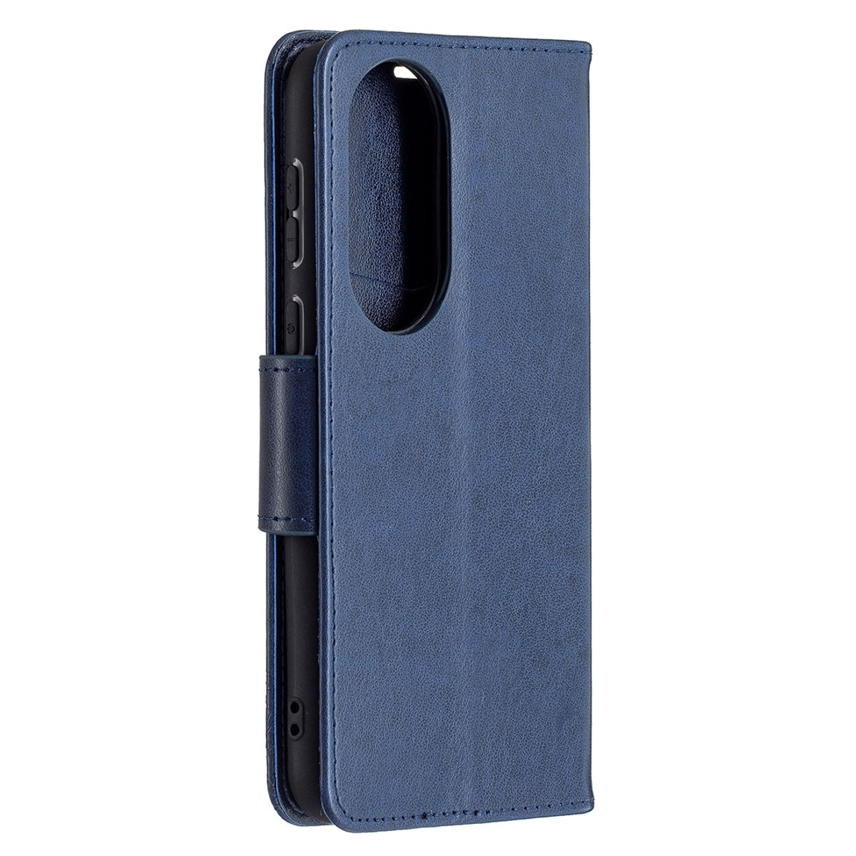 Blaue Leder-Handyhülle. Sie ist geschlossen und hat einen Magnetverschluss. Das Telefon ist nicht sichtbar.