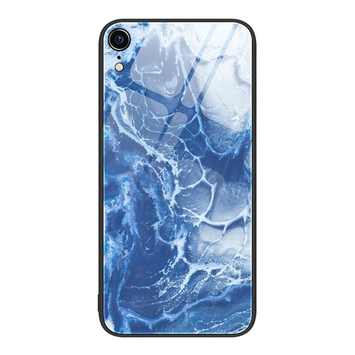 Handyhülle mit blauem Marmor-Design. Die Rückseite hat eine Kamera und einen Blitz.