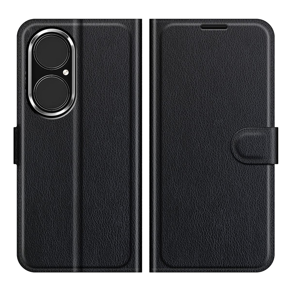 Schwarze Handyhülle, geschlossen und offen, zeigt das Telefon und Kartenfächer. Schlichtes Design, einfach und elegant.