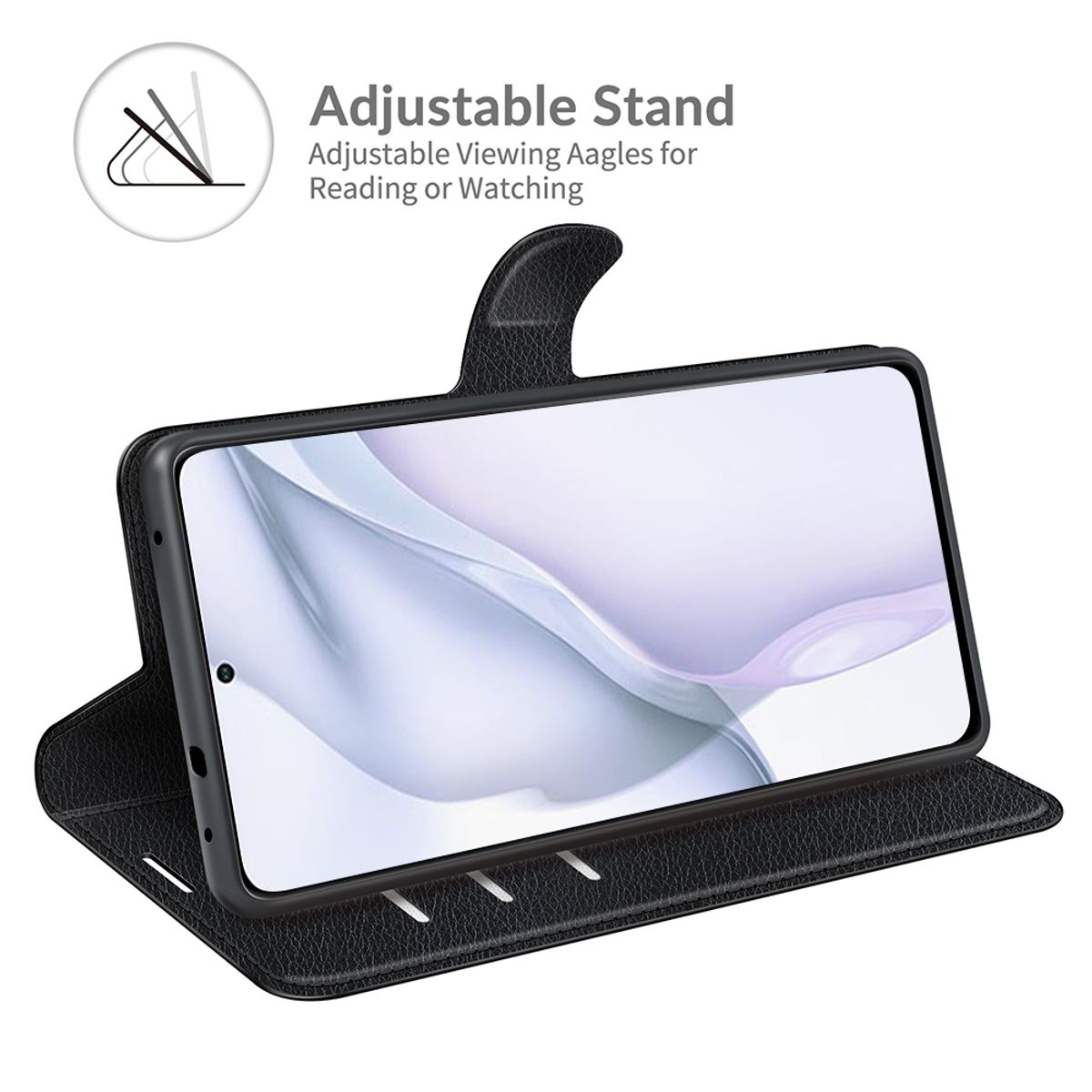 Schwarze Handyhülle mit verstellbarem Ständer und Telefon darauf.