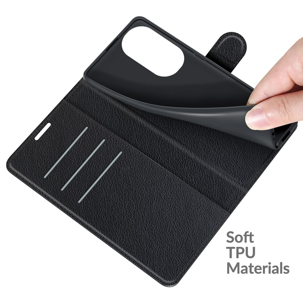 Schwarze Handyhülle, offen. Eine Hand zieht ein Teil heraus. Text sagt Weiche TPU-Materialien.