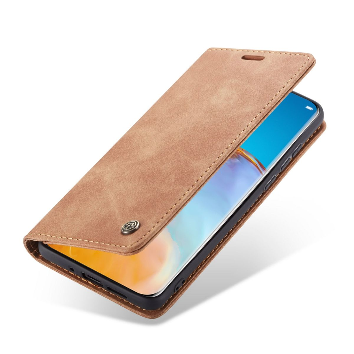 Hellbraune Leder-Handyhülle geöffnet, zeigt ein Telefon mit blauem Bildschirm. Knopfverschluss sichtbar.