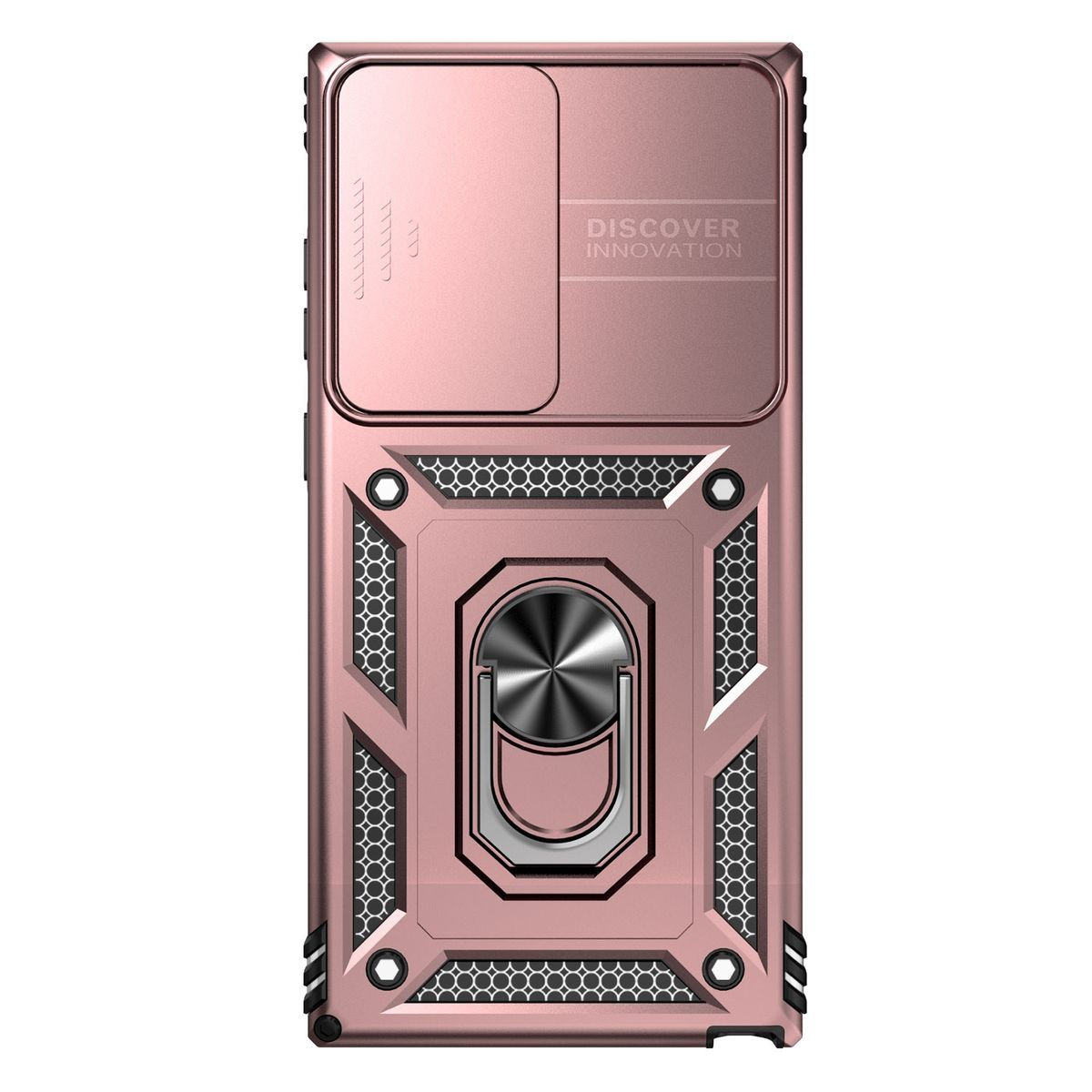 Roségoldfarbene Handyhülle mit Kameraabdeckung und Ring. Die Hülle ist metallisch.