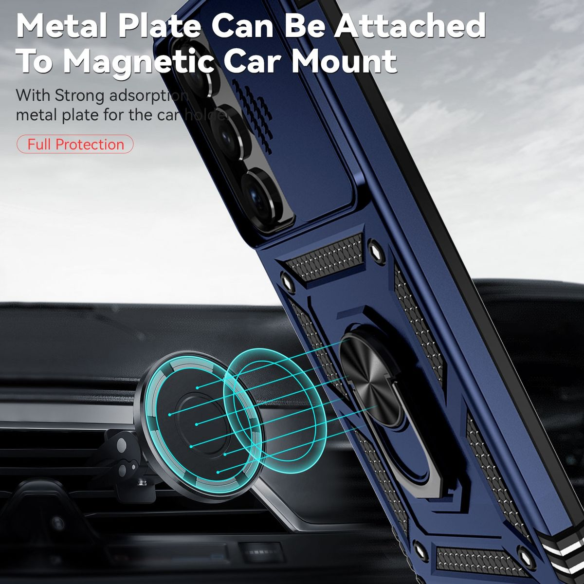 Eine blaue Handyhülle mit Metallring in einem Auto, mit Text, dass sie an Halterungen befestigt werden kann.