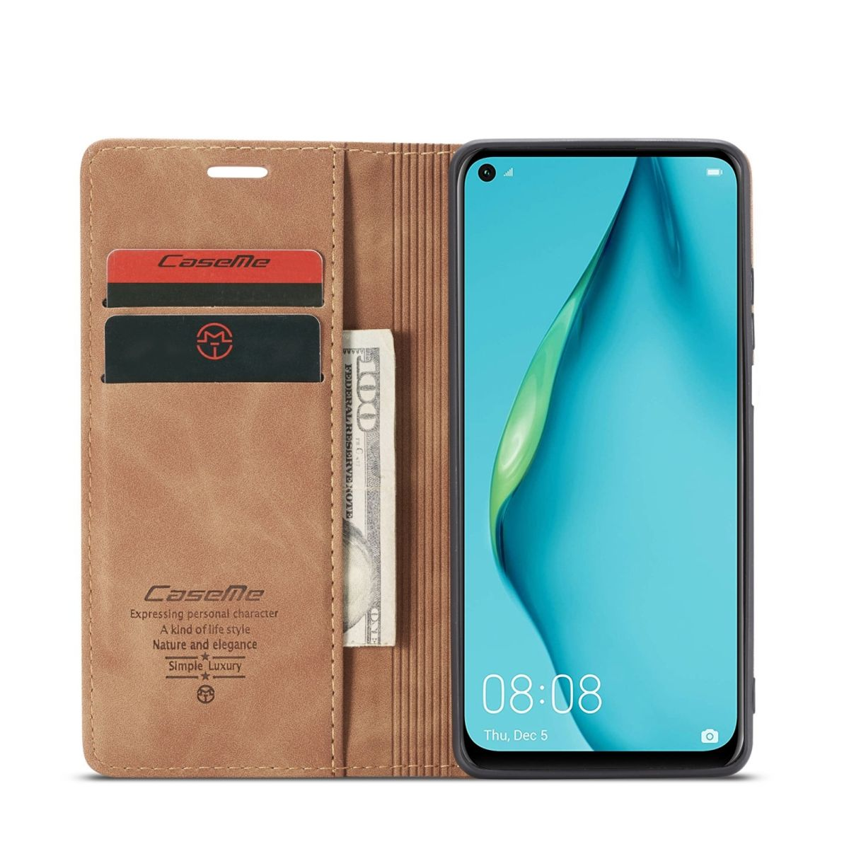Braune Brieftaschen-Handyhülle mit Karten und Geld. Telefon zeigt Startbildschirm.