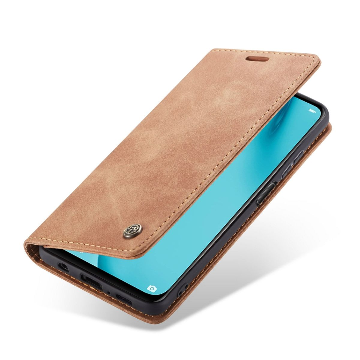 Offene braune Leder-Handyhülle, die ein Telefon zeigt. Hülle hat einen Magnetverschluss und ein genähtes Design. Weißer Hintergrund.