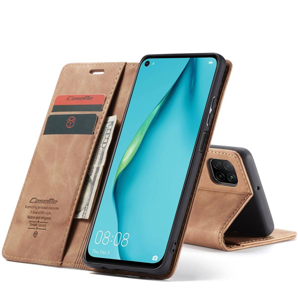 Geöffnete Handyhülle mit Karten und Bargeld sichtbar. Telefon auf dem Display. Braune Hülle.