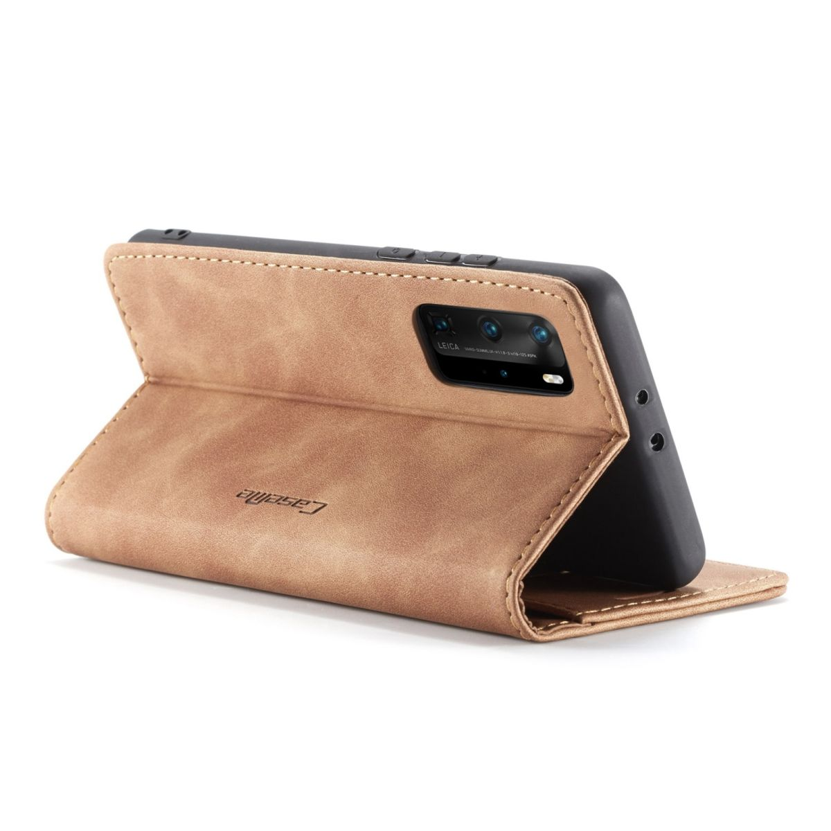 Eine braune Handyhülle ist offen und zeigt ein Telefon darin. Die Hülle besteht aus lederähnlichem Material.