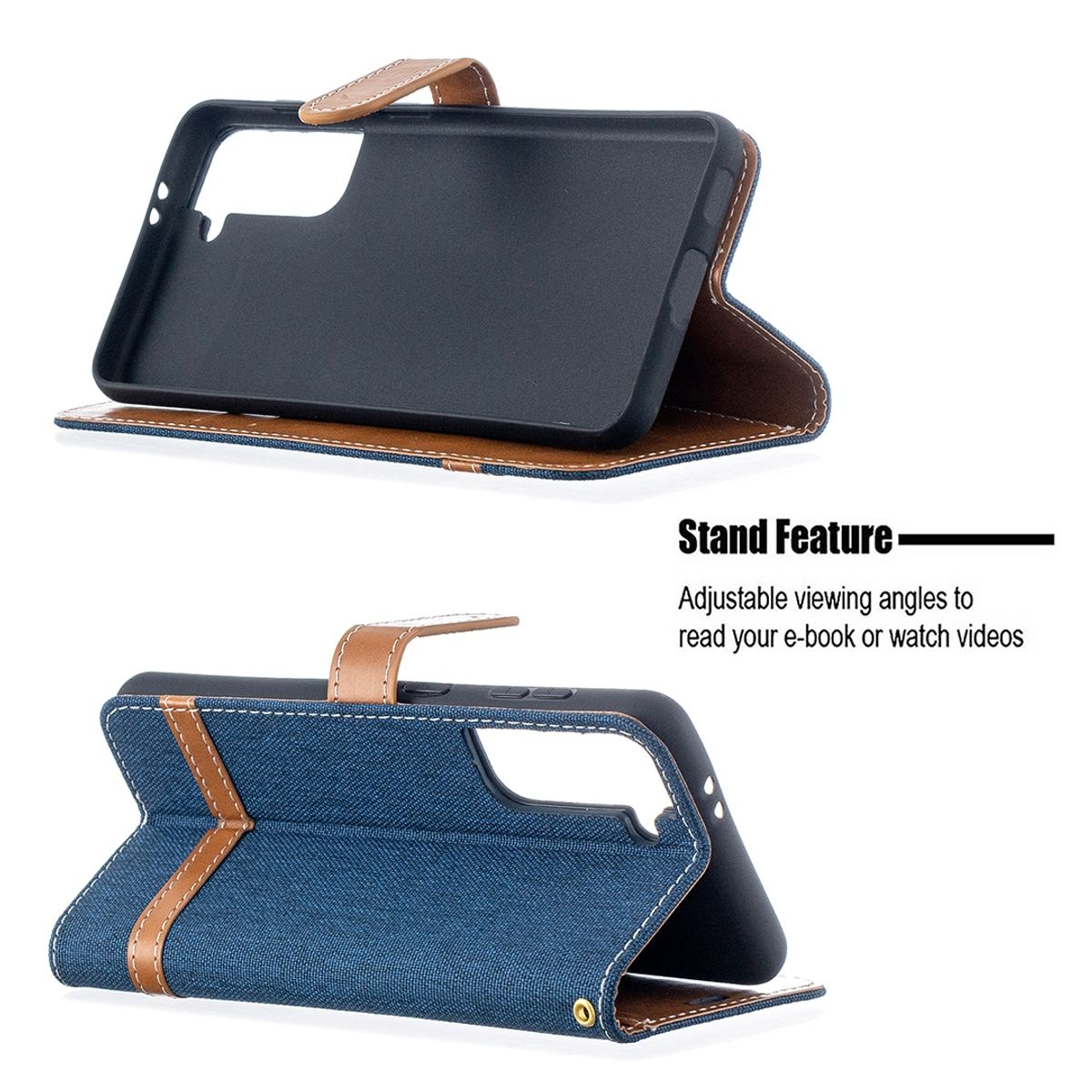 Blaue Jeans-Handyhülle mit braunem Lederklappe. Ein Telefon ist innen. Die Hülle hat eine Standfunktion.