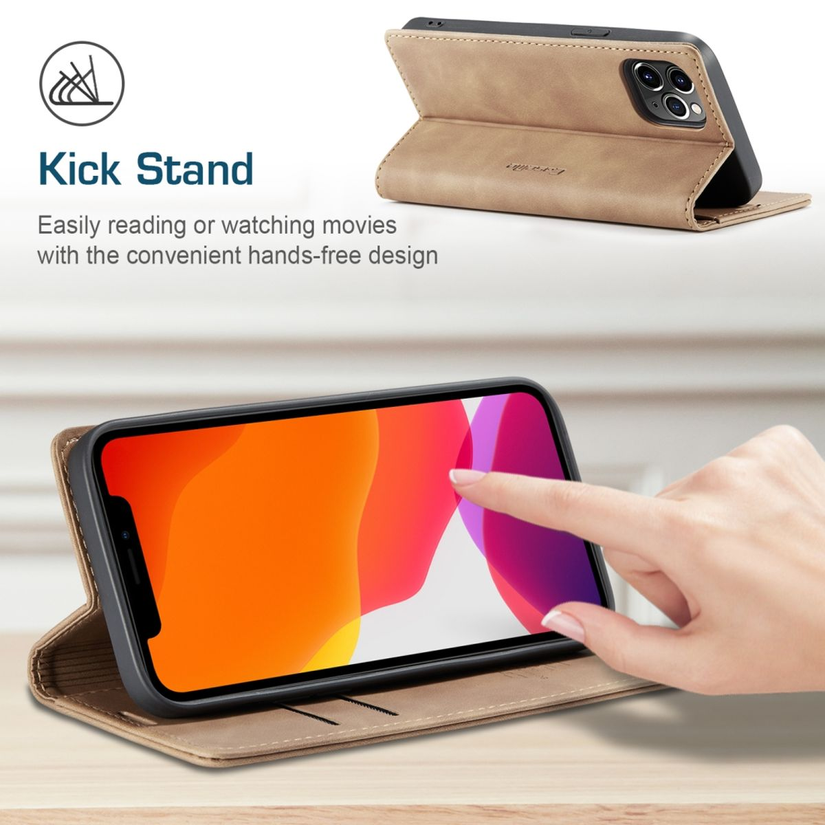Handyhülle, braun, mit einem Telefon darin. Die Hülle ist geöffnet, das Telefon ist zu sehen. Text: Kick Stand.