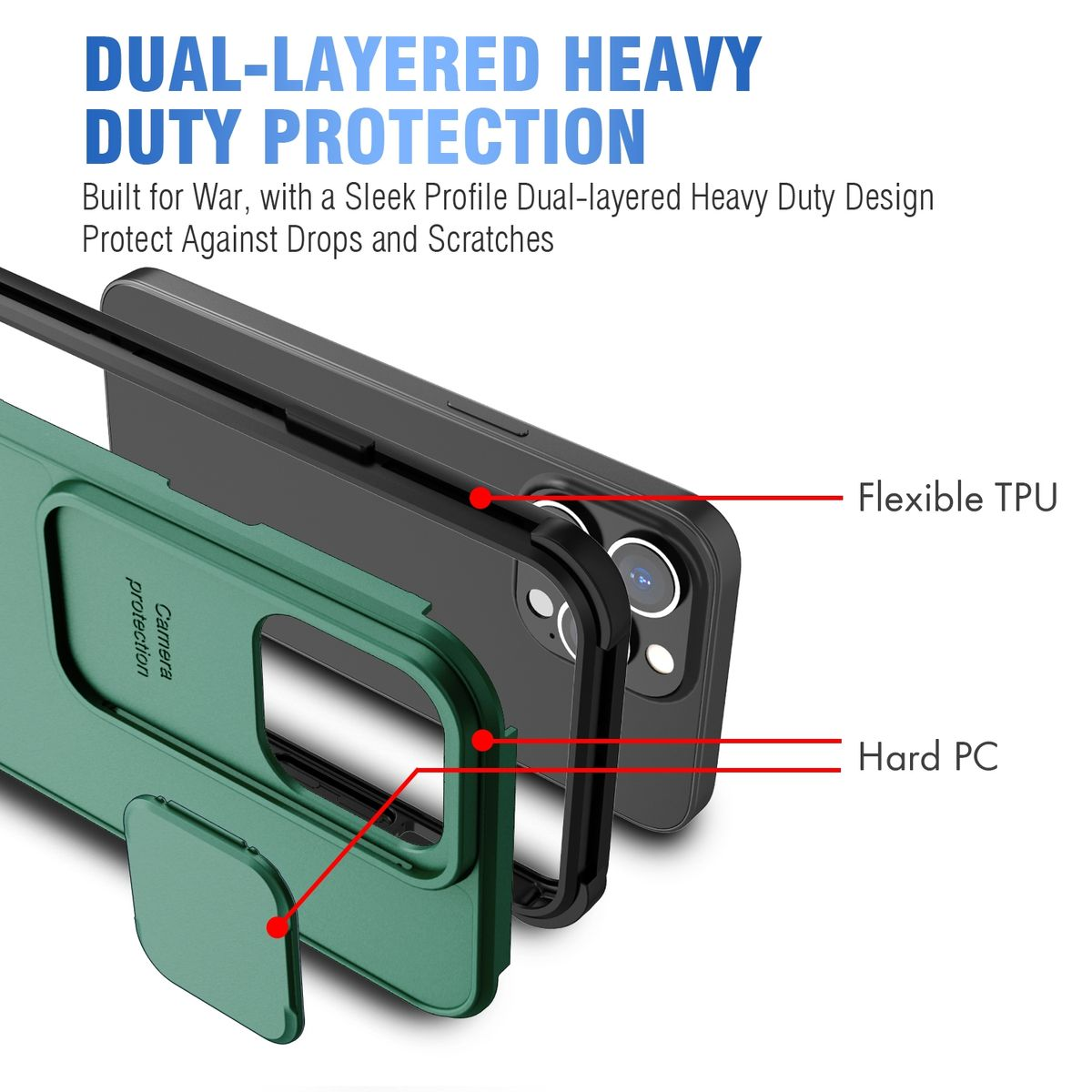 Handyhülle mit grünen und schwarzen Schichten. Der Text lautet 'Dual-Layered Heavy Duty Protection'.