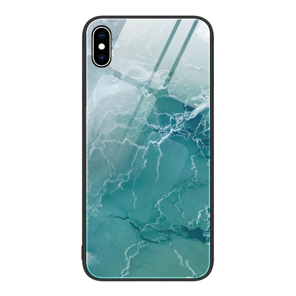 Telefon mit blau-grünem marmorähnlichem Muster auf der Rückseite und schwarzem Rahmen.