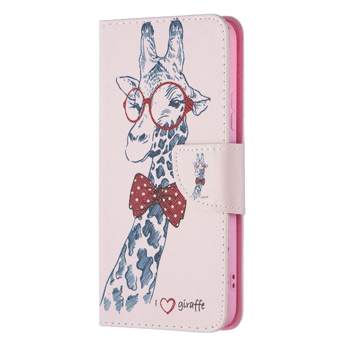 Rosa Handyhülle mit Giraffe, Brille und Fliege. Text "Giraffe" darunter.