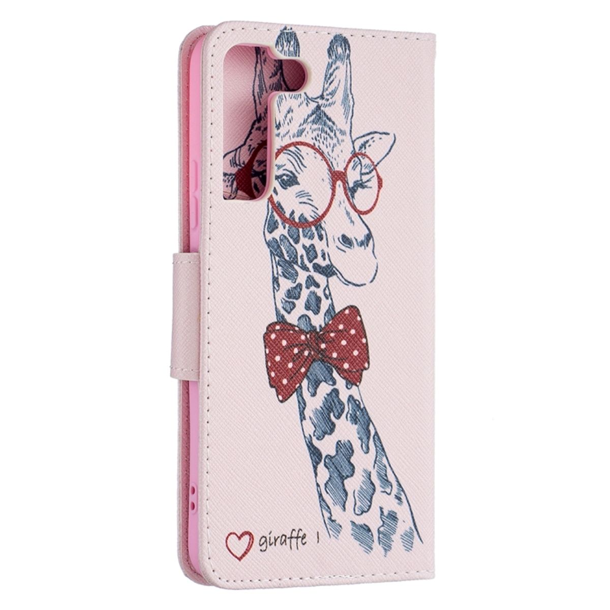 Pinke Handyhülle mit Giraffenillustration, die eine Brille und eine Fliege trägt. Die Hülle ist offen.