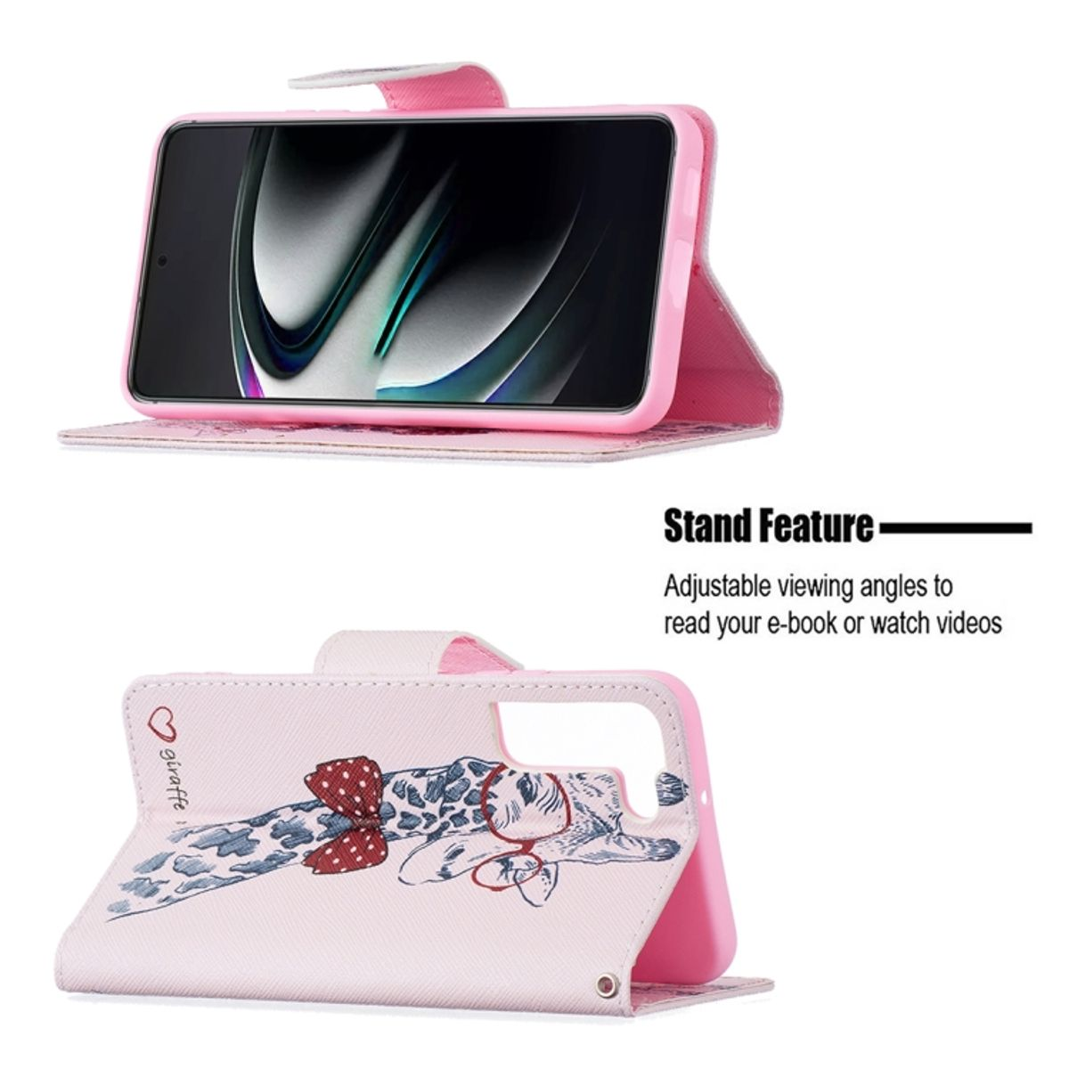 Rosa Handyhülle mit Giraffendesign. Die Hülle ist offen, zeigt das Telefon. Der Hintergrund ist weiß.