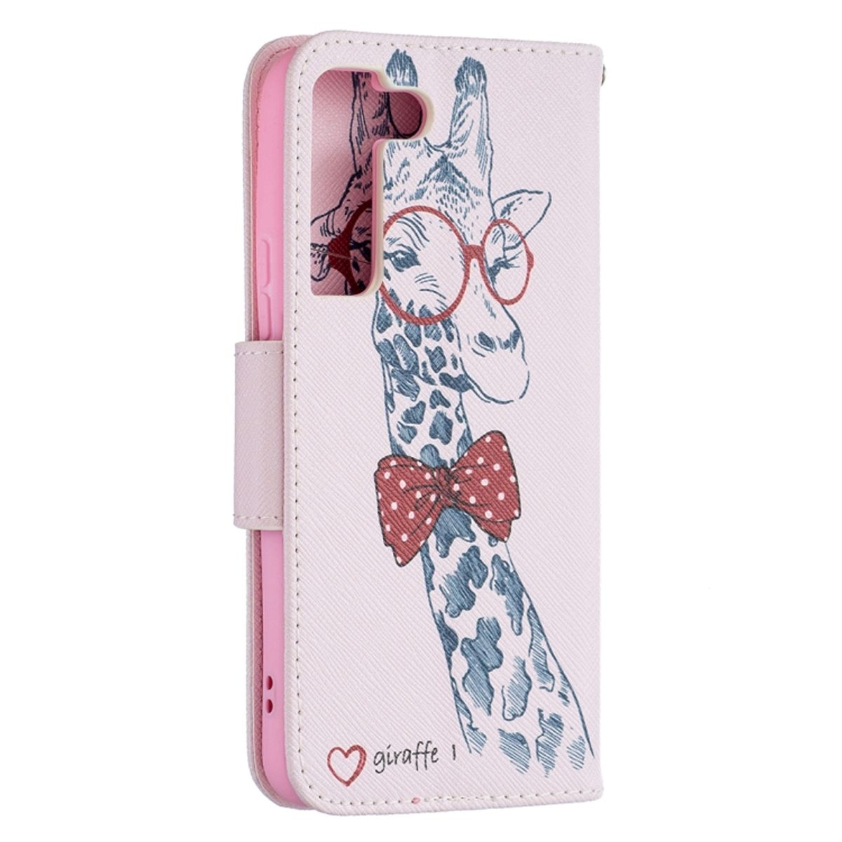 Rosa Handyhülle mit Giraffenillustration, Brille und Fliege. Telefon innen.