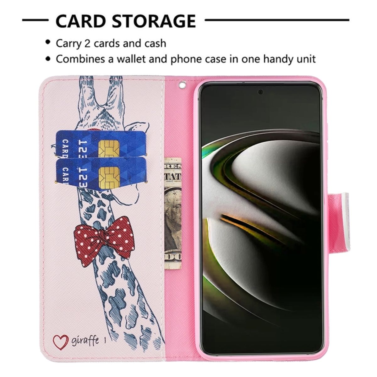 Geöffnete rosa Handyhülle mit Karten, Bargeld, Giraffenillustration und Telefon rechts.