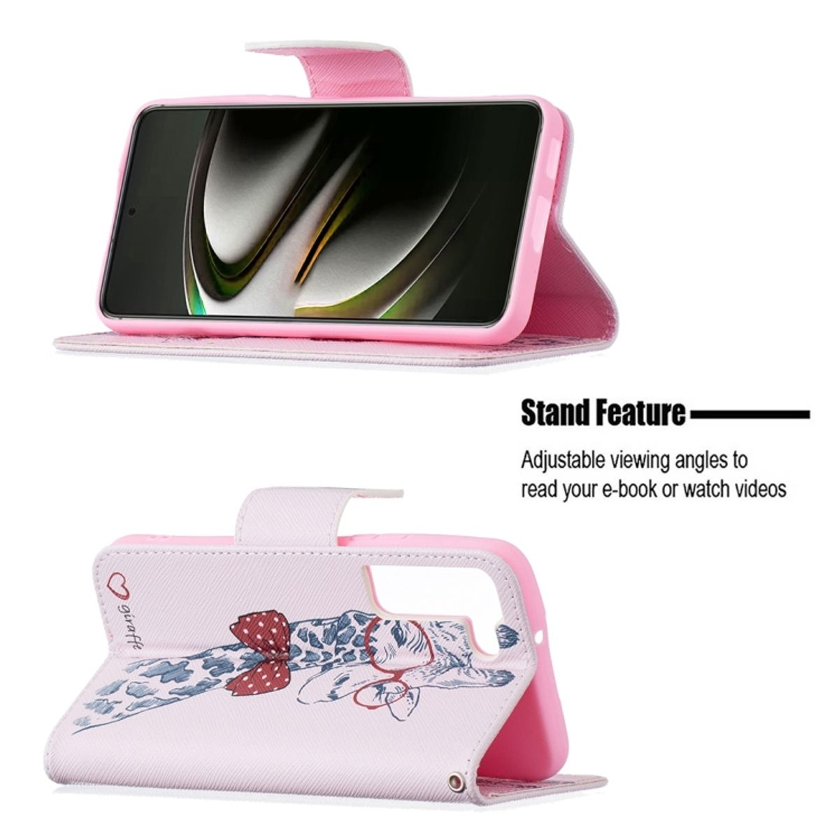 Rosa Handyhülle, die ein Telefon stützt. Giraffen-Design auf dem unteren Teil. Standfunktion.