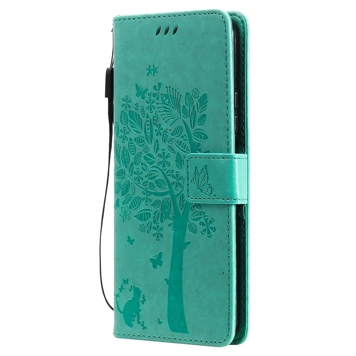 Grünes Handyhüllen-Portemonnaie, Baum- und Schmetterlingsdesign. Schwarzer Riemen. Weißer Hintergrund. Telefon darin.
