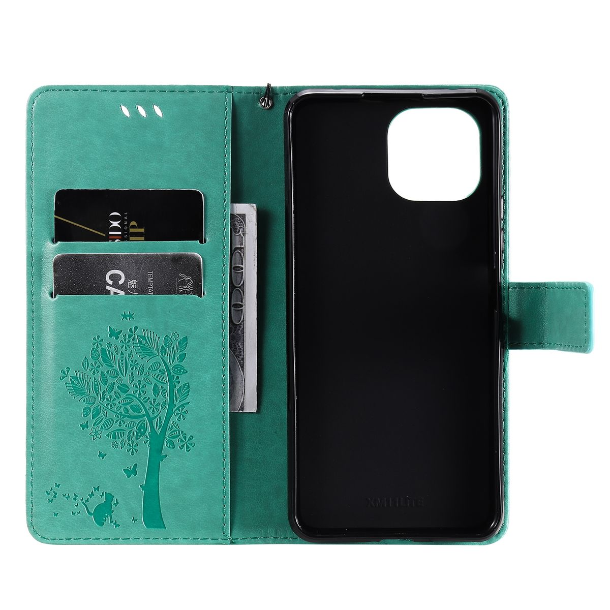 Türkisfarbene Handyhülle, offen, mit Karten und Bargeld. Baumdesign. Schwarzes Telefon innen. Grün.