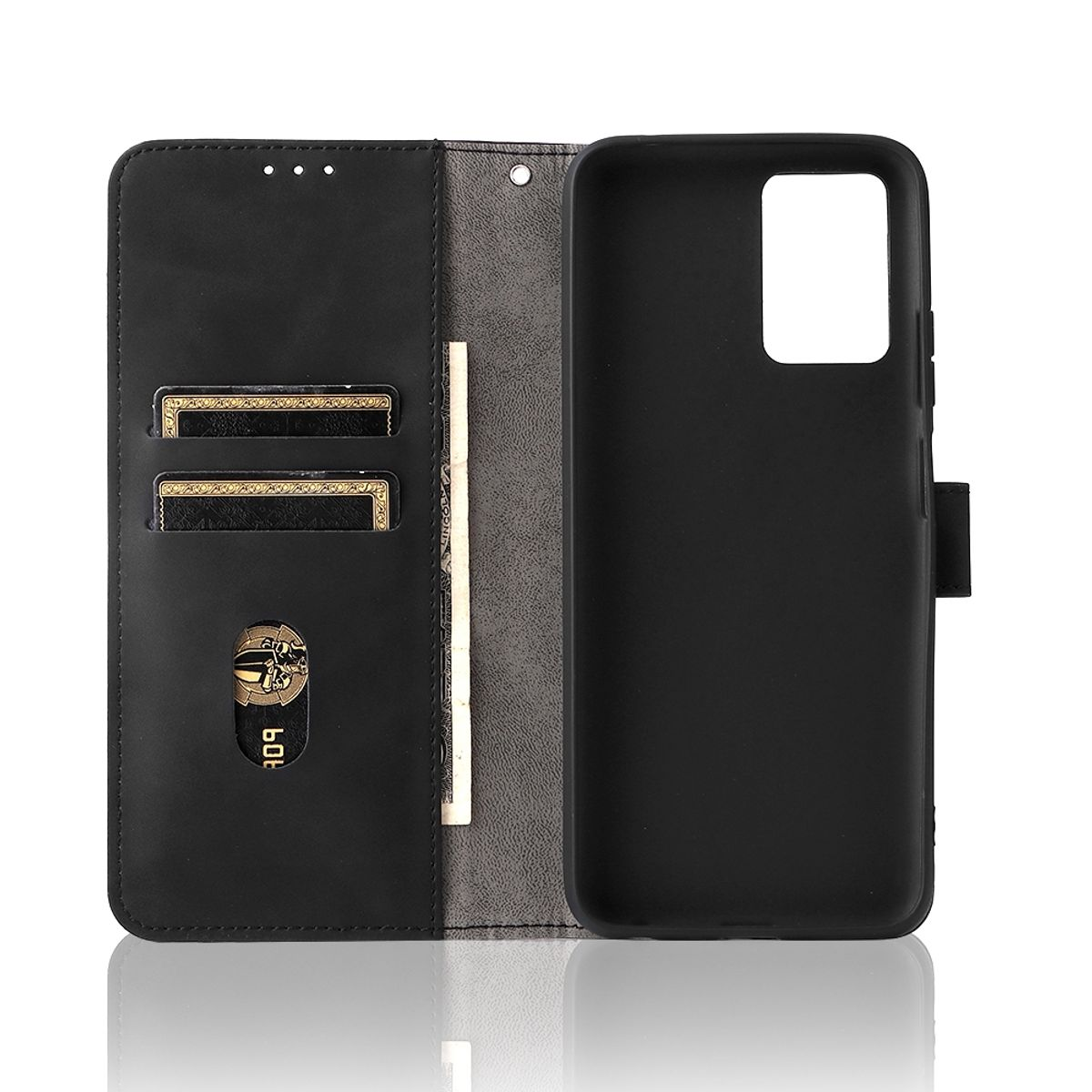 Schwarze Brieftaschen-Handyhülle offen. Mit Kartenfächern, Bargeldfach und Telefonhalter.