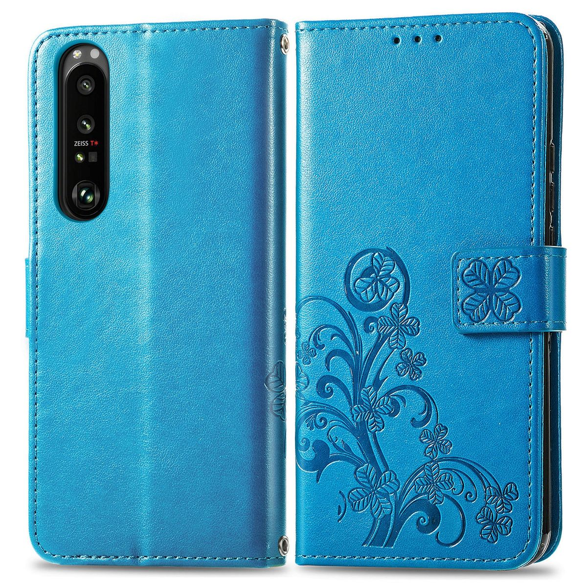Blaue Handyhülle mit Telefon. Blumendesign auf der linken Seite der Hülle geprägt.