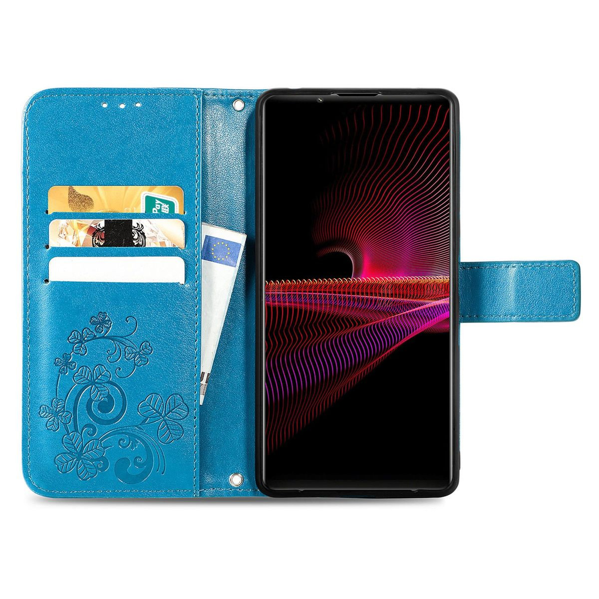 Blaue Handyhülle mit Telefon darin, offen. Zeigt Kartenfächer und einen Stift. Ein Blumendesign.