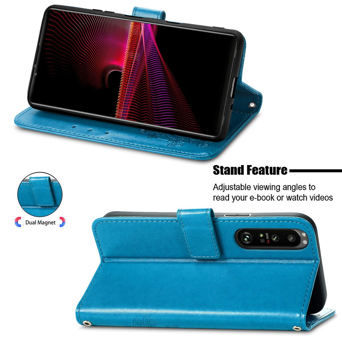 Blaue Handyhülle, geöffnet und abgewinkelt, mit Telefon darin. Mit Dual-Magnet, Standfunktion und floralem Detail.